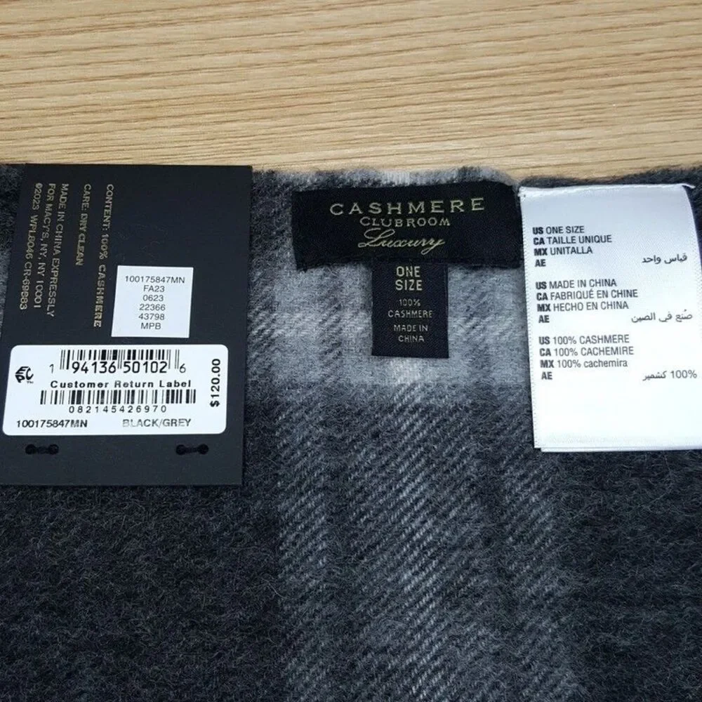 CLUB ROOM Mens Scarf Black Gray Plaid 100% Cashmere Fringe Rectangle 64x12